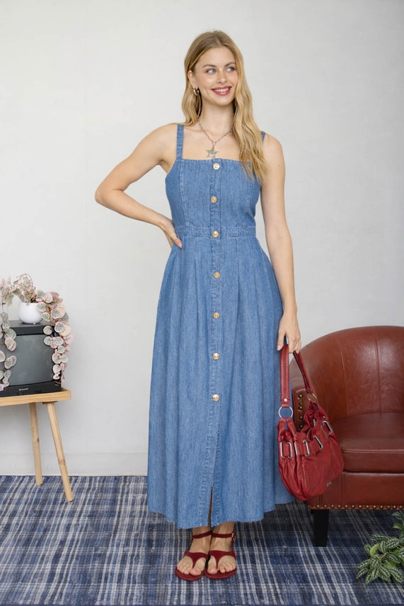 denim smocked dress 1990s Long Sleeve Smocked Denim Maxi Dress, sz. XL