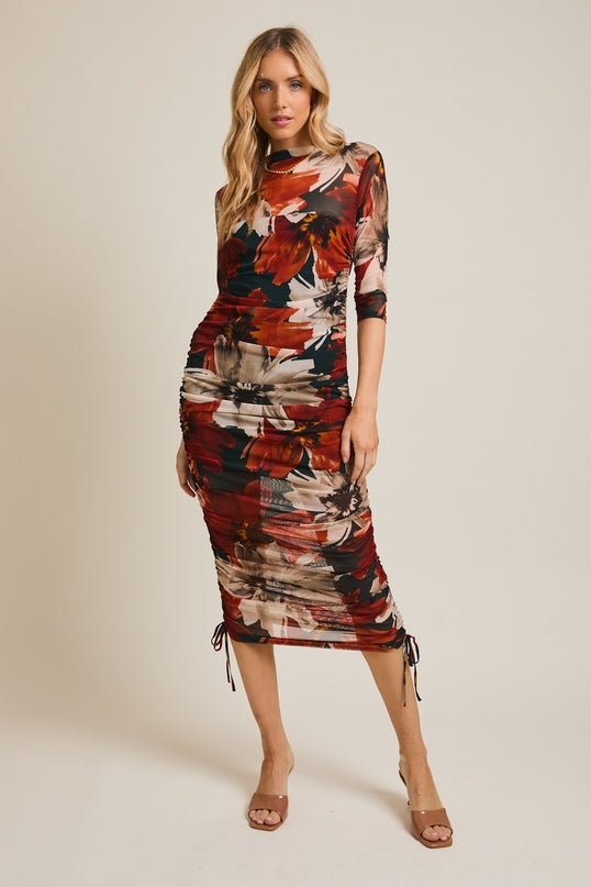 Black + Burgundy Floral Mesh Dress