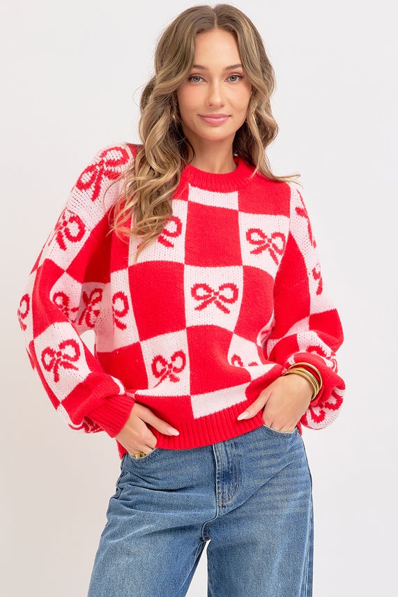 Red Checkered Bow Sweater