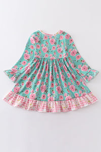 Mint + Pink Check Floral Dress - Kids