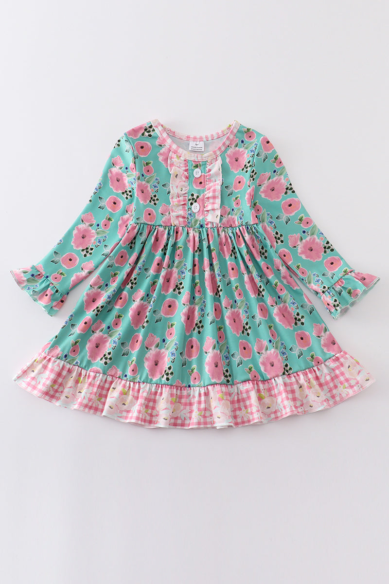 Mint + Pink Check Floral Dress - Kids