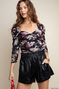 Black Ruched Floral Chiffon Top