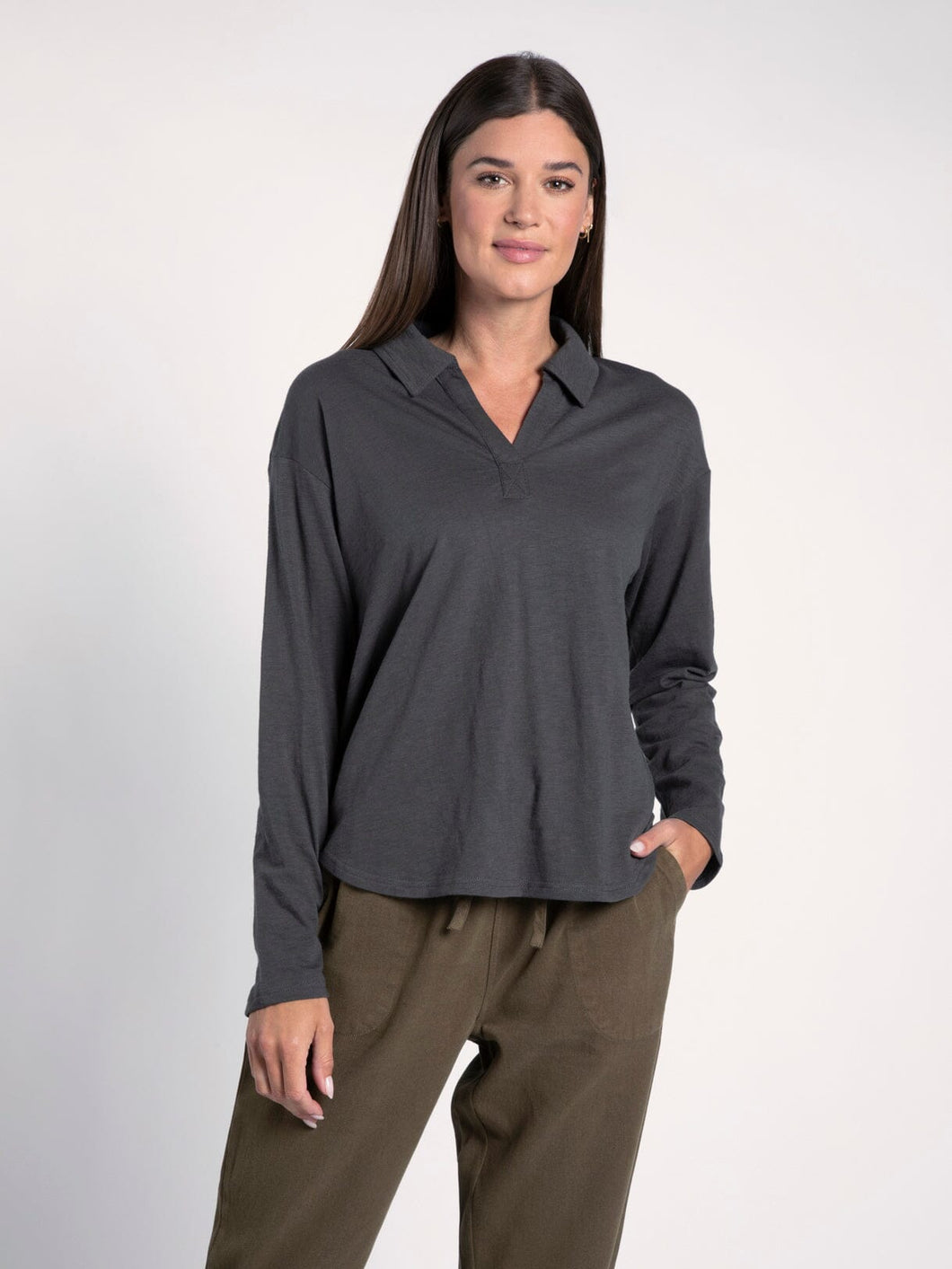 Quinley Black Olive Collared Top
